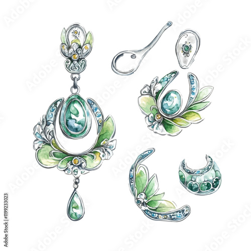 A watercolor vector painting of silver jewelry with enameling sets that combines artistry and authenticity, isolated on a white background. Silver jewelry vector.

