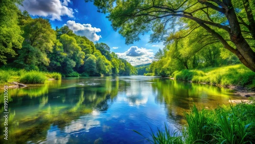 Serene Riverbank Double Exposure, Forest Lake, Tranquil Landscape