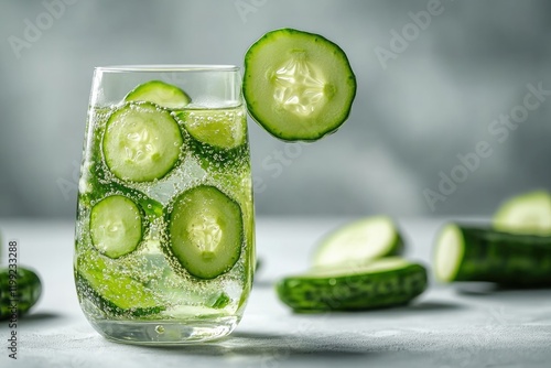 Refreshing drink with cucumber slices floating in sparkling wate photo