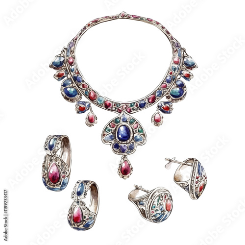 A watercolor vector painting of silver jewelry with enameling in a necklace, earring, and ring set, showcasing traditional beauty, isolated on a white background. Silver jewelry vector.

