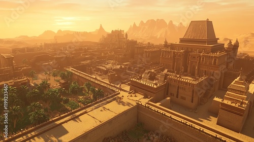 Aerial view of a majestic ancient city in a desert landscape.  Sun-drenched architecture and sprawling walls create a breathtaking scene. photo