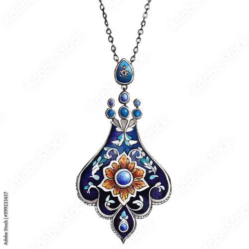 A watercolor vector painting of silver jewelry with enameling design, highlighting Iranian artistry in matching jewelry, isolated on a white background. Silver jewelry vector.

