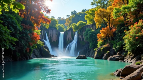 A serene forest cradles a majestic waterfall at its heart, with tranquil waters cascading into a serene pool below. Sunlight filters through the canopy, casting a magical glow on nature's masterpiece