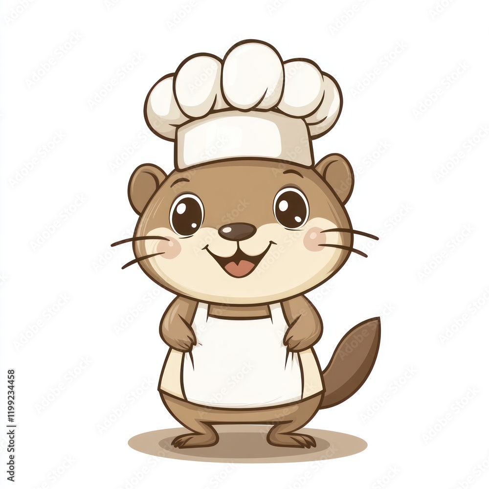 Otter wearing chef hat and apron, on a white background. For cooking or food illustrations Otter wearing chef hat and apron, on a white background. For cooking or food illustrations
