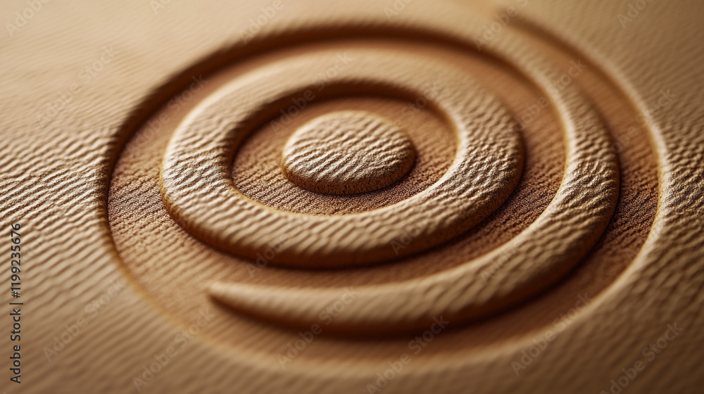 Intricate spiral pattern carved into textured wood with fine detail and craftsmanship Intricate spiral pattern carved into textured wood with fine detail and craftsmanship