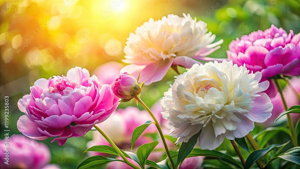 Fototapeta premium Dreamy double exposure: pink and white peony blooms grace this garden photograph.