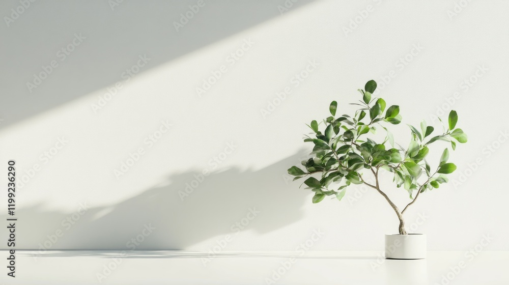 Obraz premium A Small Potted Tree With Green Leaves Against A White Wall With A Strong Shadow