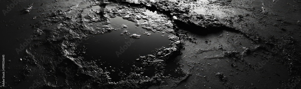 Dark oil collects on a textured surface, illustrating the impact of oil extraction activities. The focus is on the pooling liquid amidst rough, uneven terrain Dark oil collects on a textured surface, illustrating the impact of oil extraction activities. The focus is on the pooling liquid amidst rough, uneven terrain