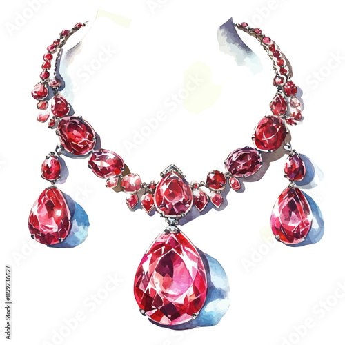 A watercolor vector painting of a Ruby completing a necklace and earring set with its brilliance, isolated on a white background.

