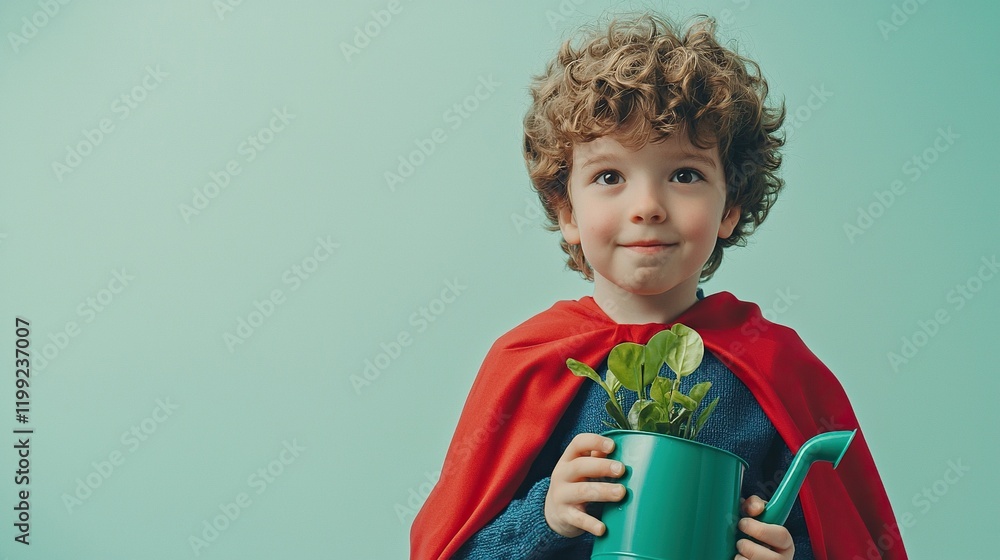 Child superhero holding a watering can with a small plant in a pastel setting Child superhero holding a watering can with a small plant in a pastel setting