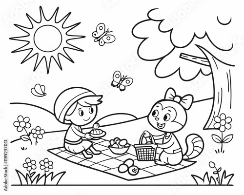 children playing and make picnic  in the garden coloring page vector, cartoon, color, coloring page, children, outline,