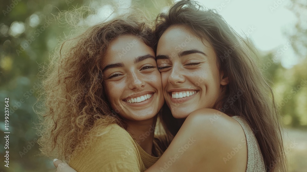 Warm embrace of friends, outdoor harmony in green and natural light. Women's Day Warm embrace of friends, outdoor harmony in green and natural light. Women's Day
