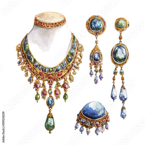 A watercolor vector painting of Ottoman jewelry with traditional designs highlighting the intricate and timeless artistry, isolated on a white background.

