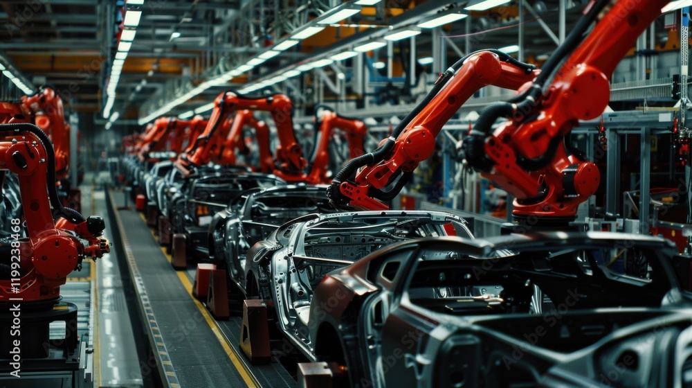 A panoramic view of an automotive assembly line with robots assembling electric vehicles, Electric vehicle manufacturing scene, Green technology style A panoramic view of an automotive assembly line with robots assembling electric vehicles, Electric vehicle manufacturing scene, Green technology style