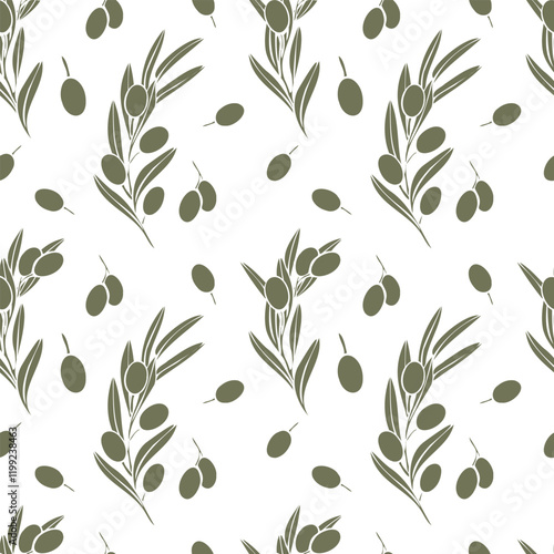 hand drawn vector seamless pattern with olive branches silhouette with fruits and leaves. Minimalist style in olive green color. Perfect for textile, packaging, menu, prints, backgrounds