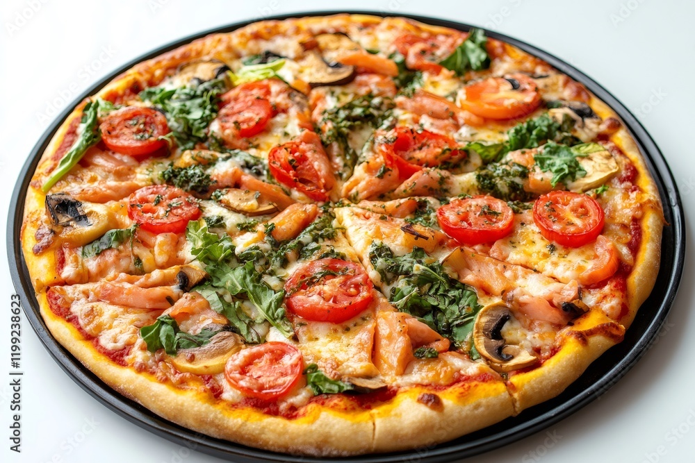 Delicious pizza with salmon, spinach, mushrooms, and tomatoes slices on white background Delicious pizza with salmon, spinach, mushrooms, and tomatoes slices on white background