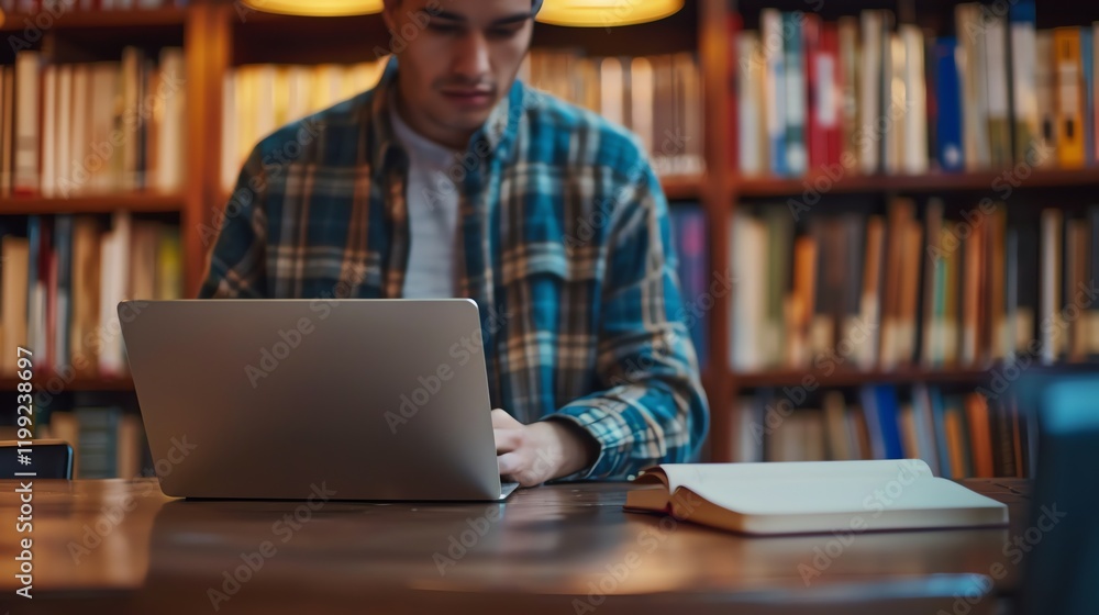 A young man is working on his laptop in a library. A young man is working on his laptop in a library.
