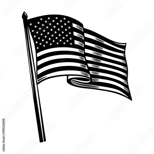 American flag waving on a flagpole. Black and white vintage woodcut illustration. Patriotic and national pride concept for design and print
