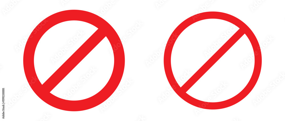 Prohibited circle sign. Prohibition red icon. Ban icon. Red circle with cross line symbol. Caution frame symbol. Forbidden stop sign. Vector illustration isolated on white background. Prohibited circle sign. Prohibition red icon. Ban icon. Red circle with cross line symbol. Caution frame symbol. Forbidden stop sign. Vector illustration isolated on white background.