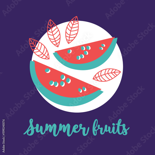 Appetizing fruit and berries collection. Decorative abstract horizontal banner with colorful doodles. Hand-drawn modern illustrations with fruit and berries, abstract elements. Abstract series