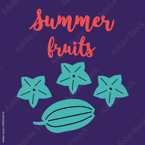 Appetizing fruit and berries collection. Decorative abstract horizontal banner with colorful doodles. Hand-drawn modern illustrations with fruit and berries, abstract elements. Abstract series