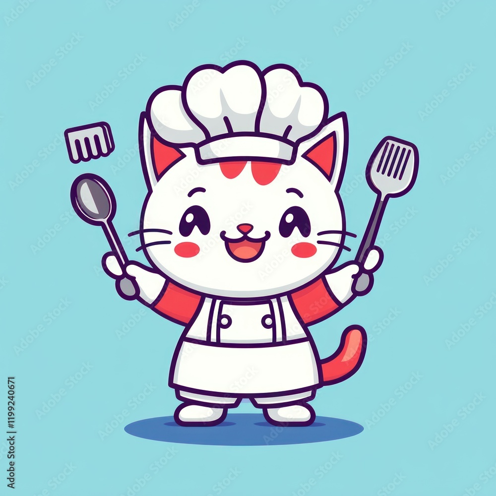 Cat chef holds cooking utensils, on a light blue background, use for food or pet related content Cat chef holds cooking utensils, on a light blue background, use for food or pet related content