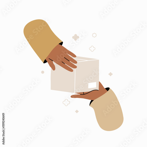 Hands exchanging a package in flat vector illustration symbolizing delivery, logistics, and customer service, isolated on white background.
