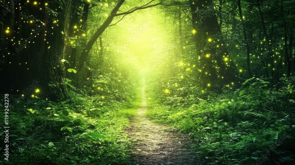 Obraz premium The forest is bathed in the warm glow of morning light as it filters through tall trees, illuminating the rich green foliage and creating a calm and inviting scene 
