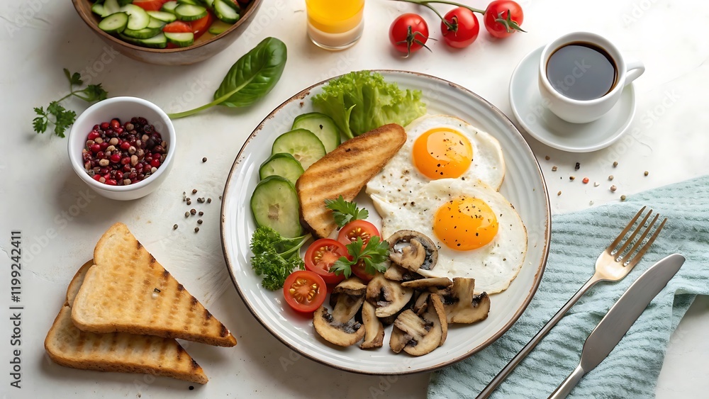 Breakfast table Breakfast plate fried eggs vegetables mushrooms toast top view healthy table Breakfast table Breakfast plate fried eggs vegetables mushrooms toast top view healthy table
