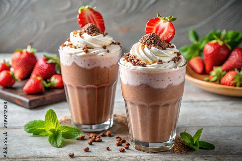 Indulge in creamy chocolate strawberry banana bliss. Whipped cream and chocolate shavings complete this dreamy smoothie. Indulge in creamy chocolate strawberry banana bliss. Whipped cream and chocolate shavings complete this dreamy smoothie.