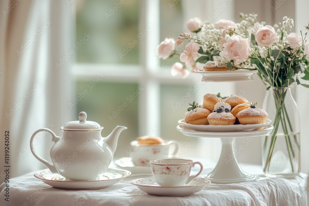 Tea set and pastries on a bright table near a window Tea set and pastries on a bright table near a window
