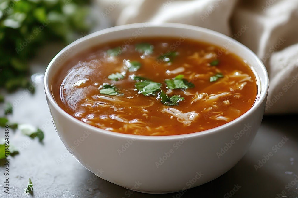 Rich, savory soup garnished with fresh herbs in white bowl, invi Rich, savory soup garnished with fresh herbs in white bowl, invi