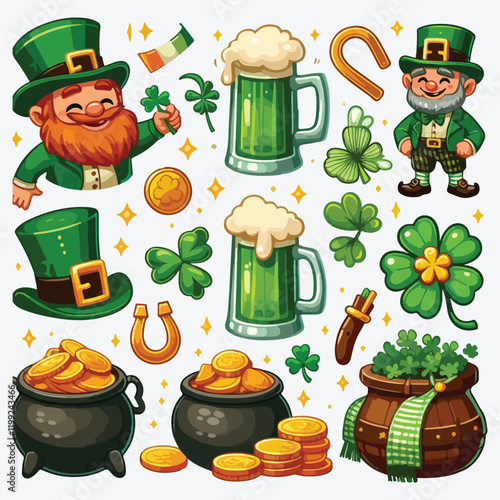 Patrick Day elements Funny leprechaun Cartoon dwarf. Green cylinder. Beer mug vector