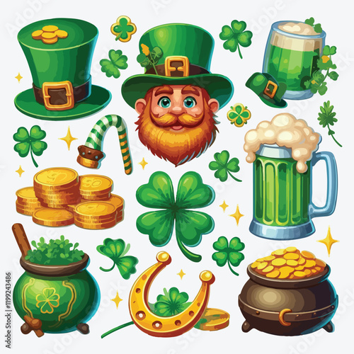 Patrick Day elements Funny leprechaun Cartoon dwarf. Green cylinder. Beer mug vector