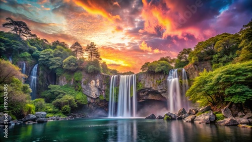 Jeju's Cheonjiyeon: Surreal waterfall, sky-meeting earth, dreamlike photography captures ethereal beauty. photo