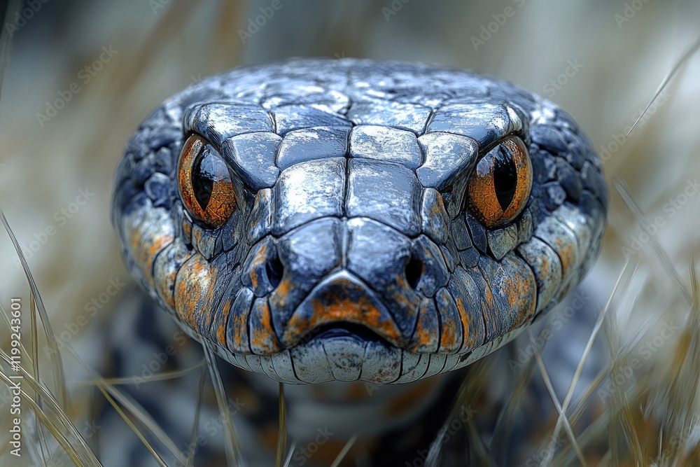 Close-up, snake head, orange eyes, textured scales. Close-up, snake head, orange eyes, textured scales.