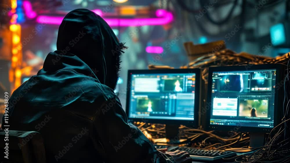 Hooded Hacker Monitoring Multiple Screens in Cyberpunk Setting Hooded Hacker Monitoring Multiple Screens in Cyberpunk Setting