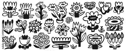 Modern flower collection with hand-drawn floral elements. Blossom botanical vector set for decor, easter, sticker, clipart, print