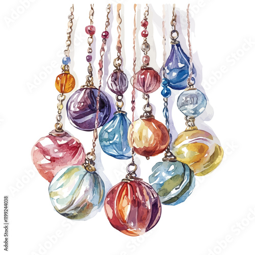 A watercolor vector painting of Murano glass necklaces, capturing the vibrancy and artistry of Venetian craftsmanship, isolated on a white background.

