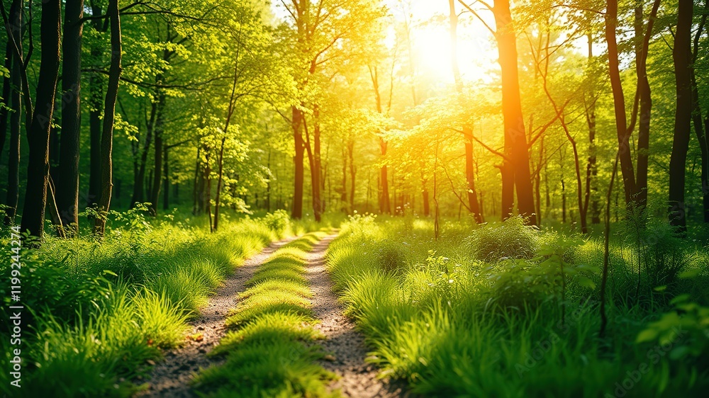 Fototapeta premium Lush Green Forest Path Summer Sunlight