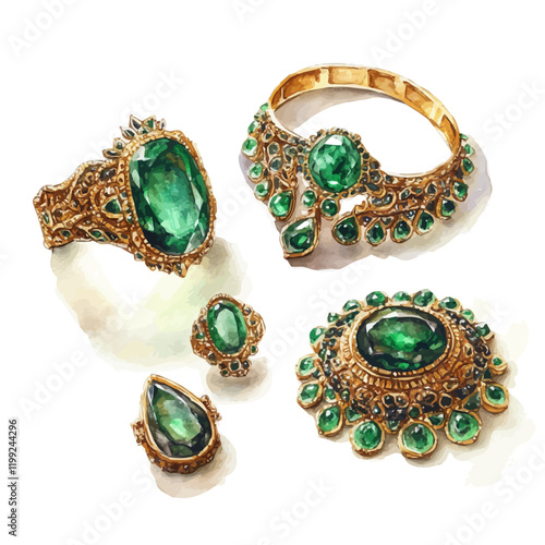 A watercolor vector painting of Mughal emeralds in necklaces and rings, symbolizing authenticity and grandeur, isolated on a white background.

