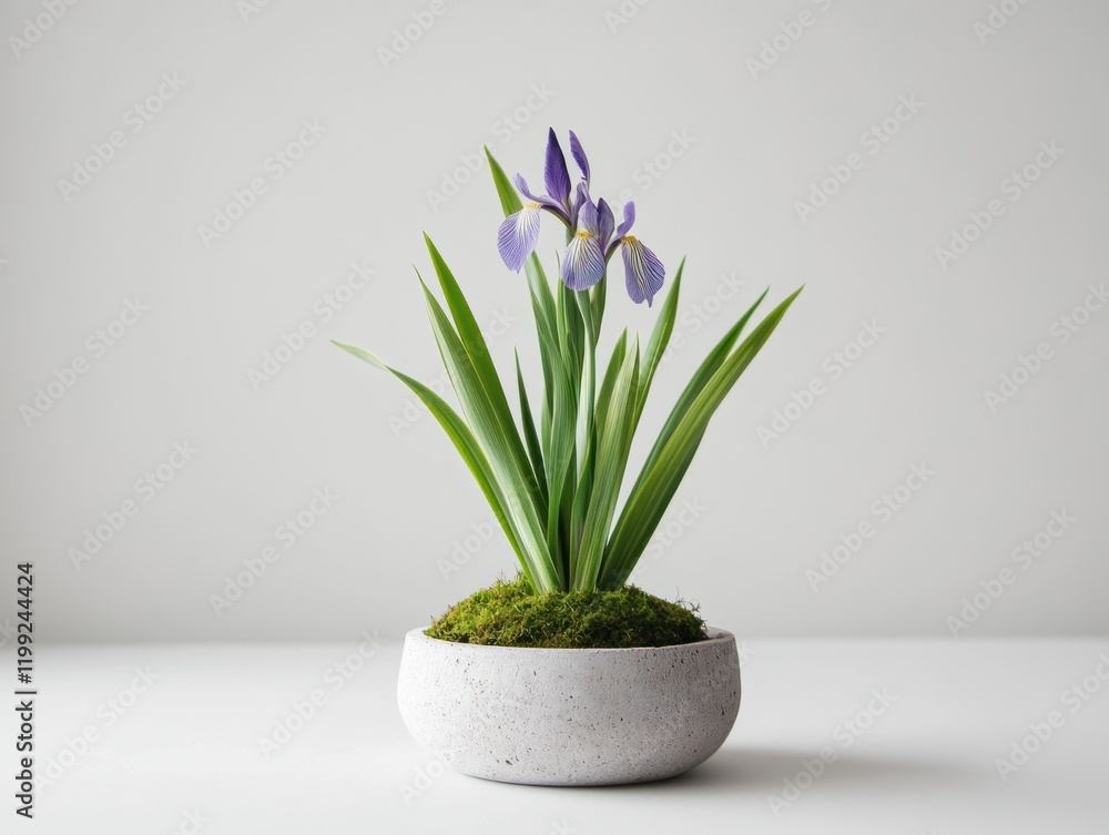 A Delicate Iris Flower in a Minimalist Pot on a Clean White Surface with Subtle Light A Delicate Iris Flower in a Minimalist Pot on a Clean White Surface with Subtle Light