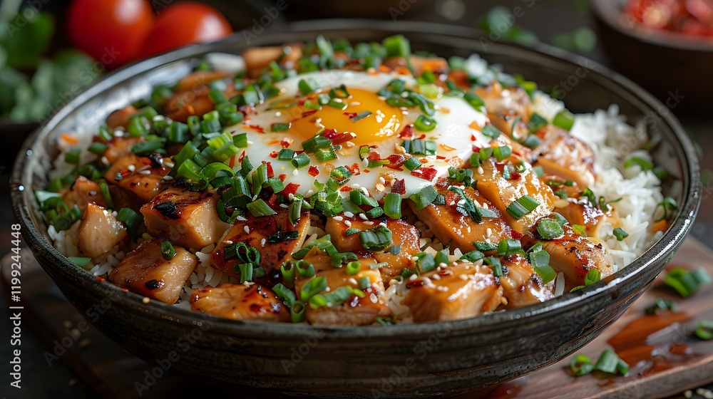 A bowl of clay pot chicken rice asian style food A bowl of clay pot chicken rice asian style food