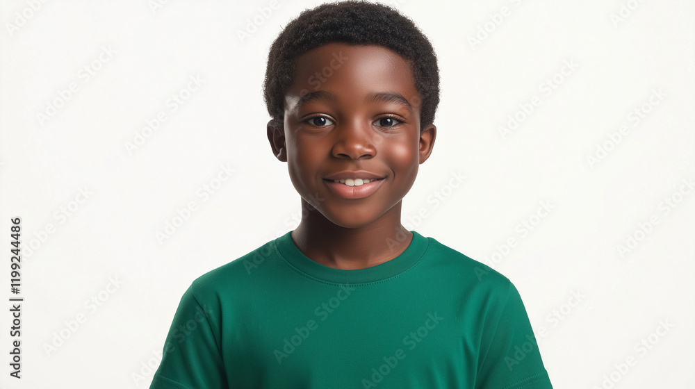Young boy smiling confidently while wearing a green t-shirt, conveying joy and positivity in a studio setting. Generative AI Young boy smiling confidently while wearing a green t-shirt, conveying joy and positivity in a studio setting. Generative AI