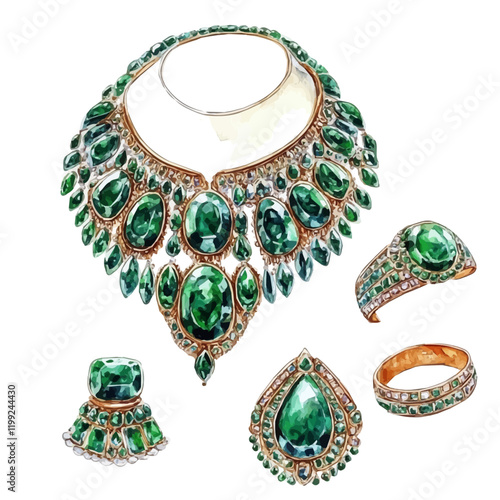 A watercolor vector painting of Mughal emeralds in necklaces and rings, symbolizing authenticity and grandeur, isolated on a white background.

