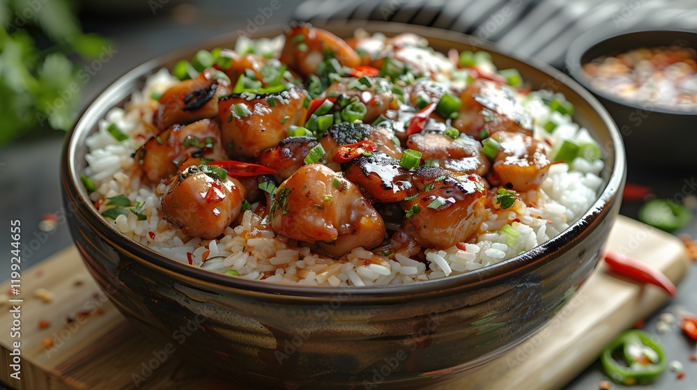 A bowl of clay pot chicken rice asian style food on wooden board A bowl of clay pot chicken rice asian style food on wooden board