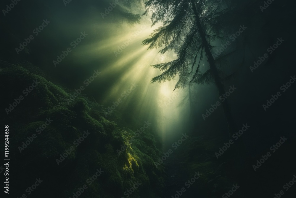 Fototapeta premium Misty forest with sunlight streaming through the trees
