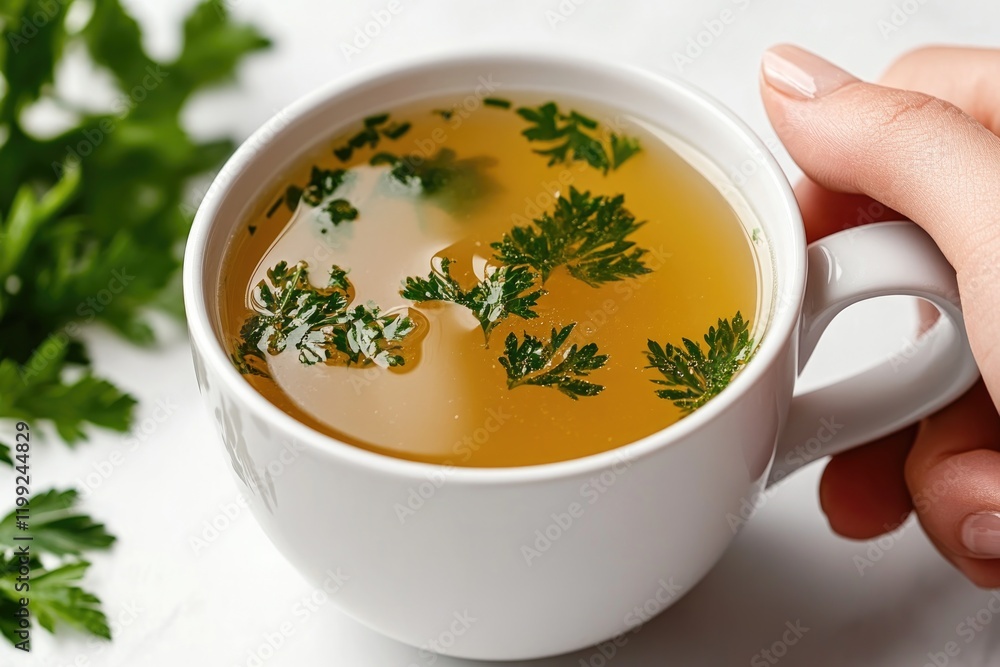 Warm herbal infusion in white cup garnished with fresh green her Warm herbal infusion in white cup garnished with fresh green her