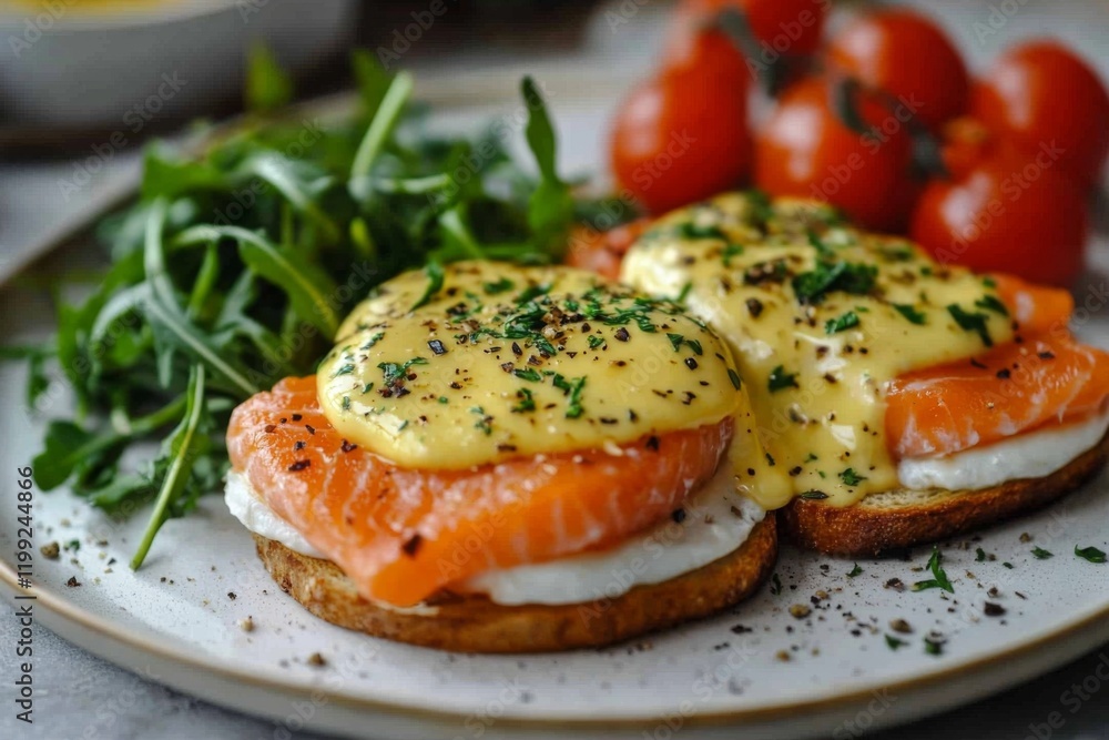 Delicious avocado toast with poached egg and tomatoes