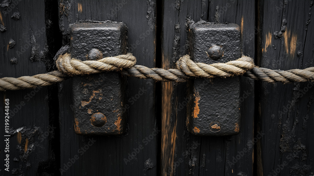 Weathered wooden doors secured with metal bolts and rope showcasing rustic charm. Generative AI Weathered wooden doors secured with metal bolts and rope showcasing rustic charm. Generative AI